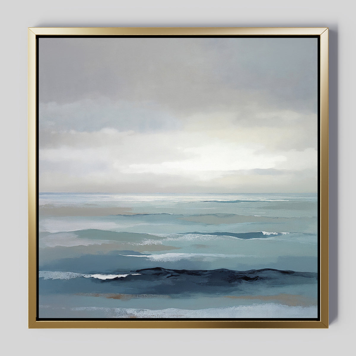 Ocean Swells Canvas Art - Square features a calm, misty seascape in soft blue, gray, and white tones with gentle waves beneath a cloudy sky—ideal as serene wall art for any space.
