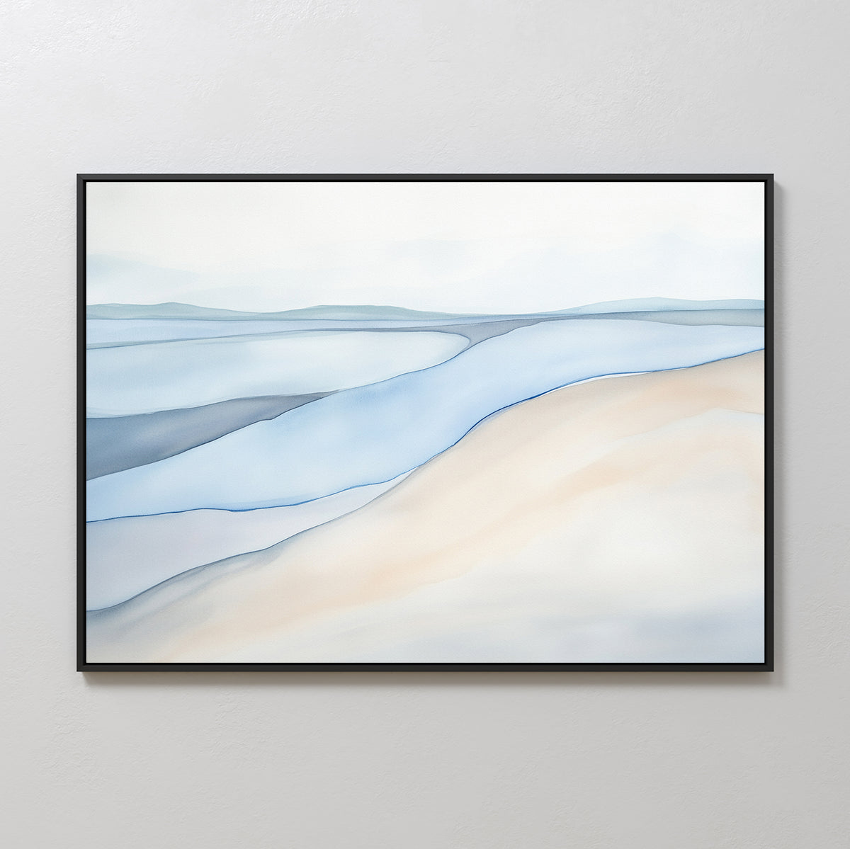 The Pale Currents Canvas Art - Horizontal features a minimalist watercolor landscape in soft blue, beige, and gray tones. Framed in black and shown on a light-colored wall, this abstract artwork evokes calming hills and serene waters.