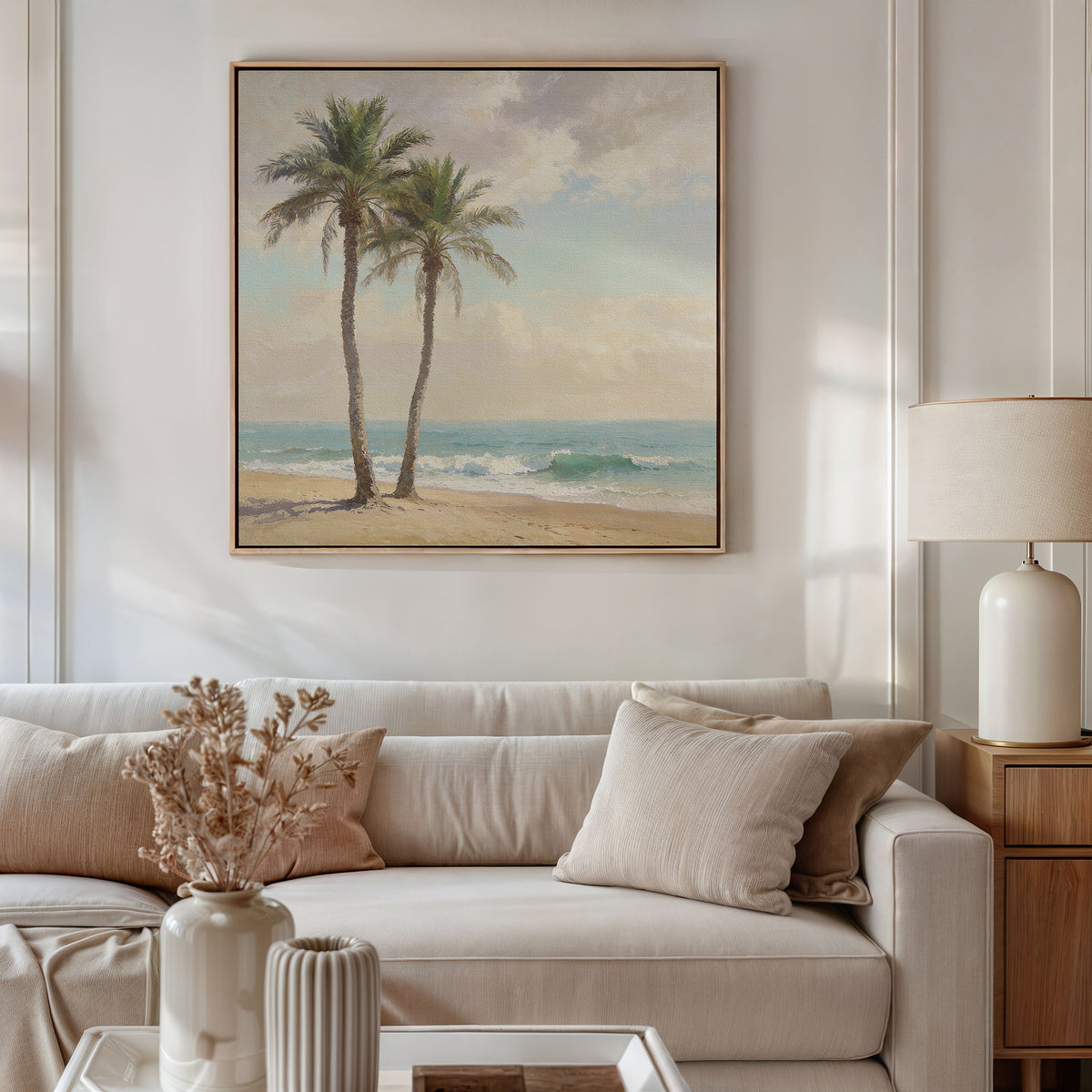 A living room with a beige sofa and neutral decor features Paradise Found Canvas Art - Square, showcasing two palm trees on a beach above the sofa. A table lamp and decorative vases with dried flowers complete the cozy scene.