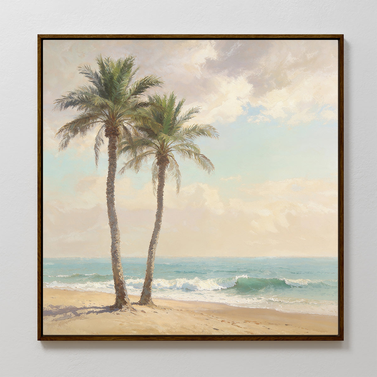 The Paradise Found Canvas Art - Square features two palm trees on a sandy beach with ocean waves and a partly cloudy sky, creating serene coastal wall art to brighten your space.