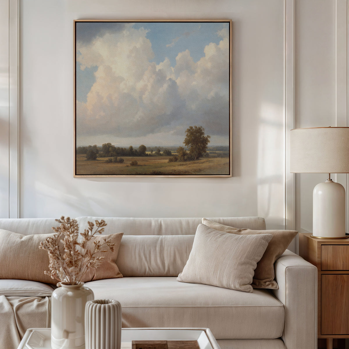 A cozy living room features a white sofa with beige cushions, a wooden side table with lamp, and the Pastoral Grandeur Canvas Art - Square above the sofa. A vase of dried flowers decorates the coffee table.