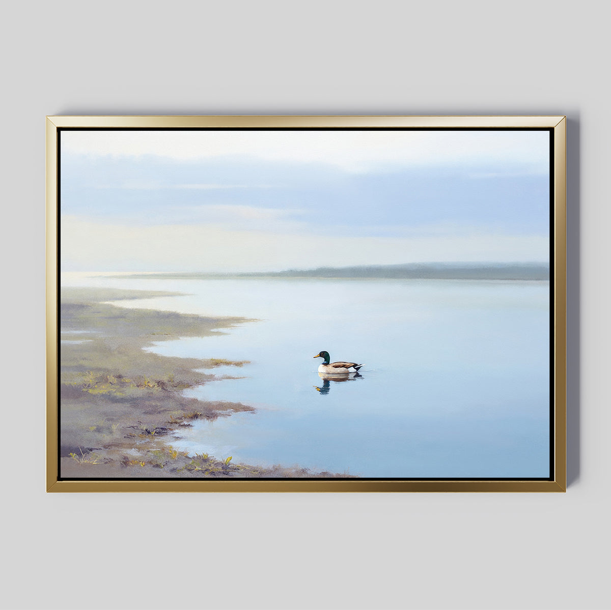 Bring Nordic Park-inspired tranquility to your space with the Peaceful Duck Haven Canvas Art - Horizontal, featuring a serene scene of a duck gliding on a calm lake with soft hues and peaceful reflections for a calming, sophisticated décor accent.