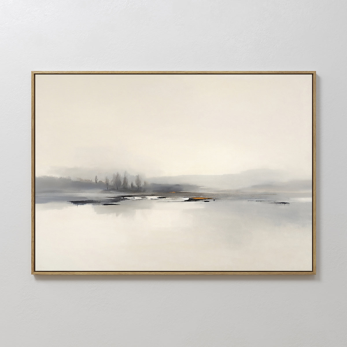 The Peaceful Lake Morning Canvas Art - Horizontal features a minimalist misty landscape with blurred trees and calm water in soft gray, beige, and white tones. Framed and displayed on a plain wall, it creates a serene, peaceful atmosphere.