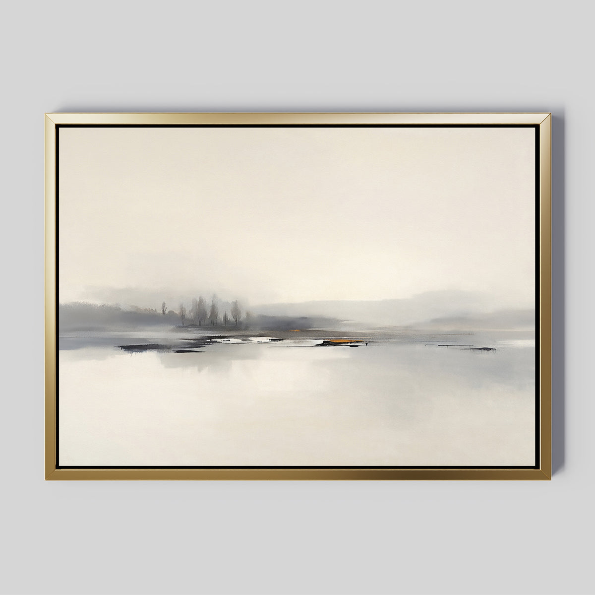 Peaceful Lake Morning Canvas Art - Horizontal features a minimalist gold-framed scene of a foggy lakeside with distant trees and gentle reflections in muted gray, white, and beige tones for a serene ambiance.