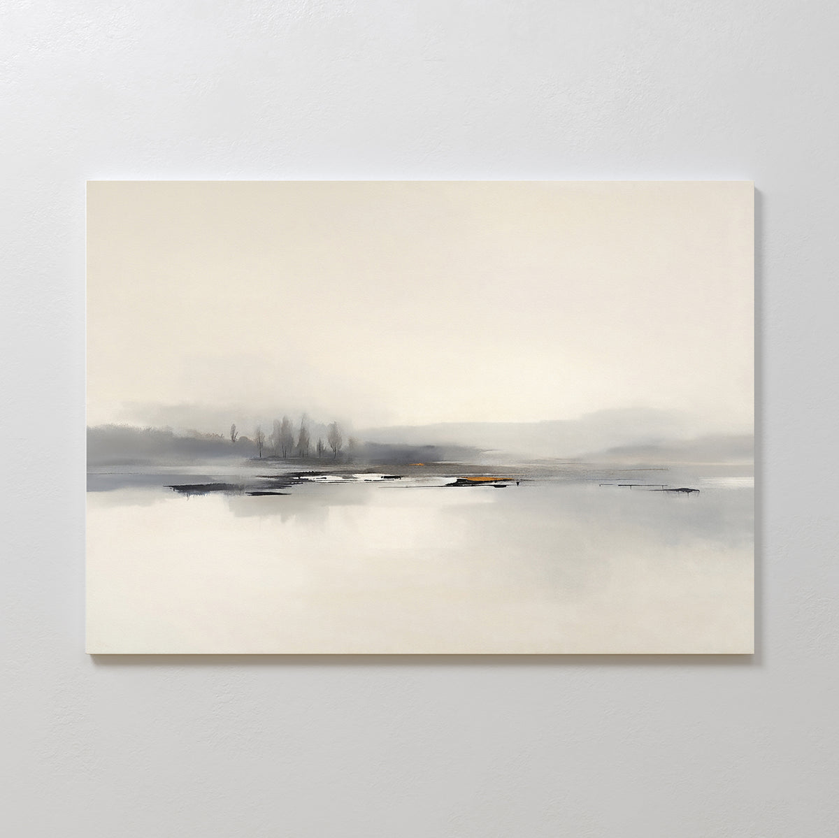 The Peaceful Lake Morning Canvas Art - Horizontal displays a minimalist misty landscape with calm water, distant trees, and soft gray and beige tones, evoking a tranquil and peaceful atmosphere.
