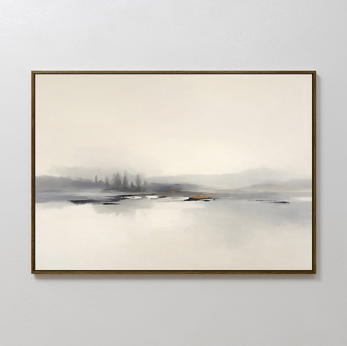 The Peaceful Lake Morning Canvas Art - Horizontal features minimalist artwork in a thin dark frame, showing a tranquil landscape of misty trees and water in muted gray, beige, and pale blue tones for a peaceful atmosphere.