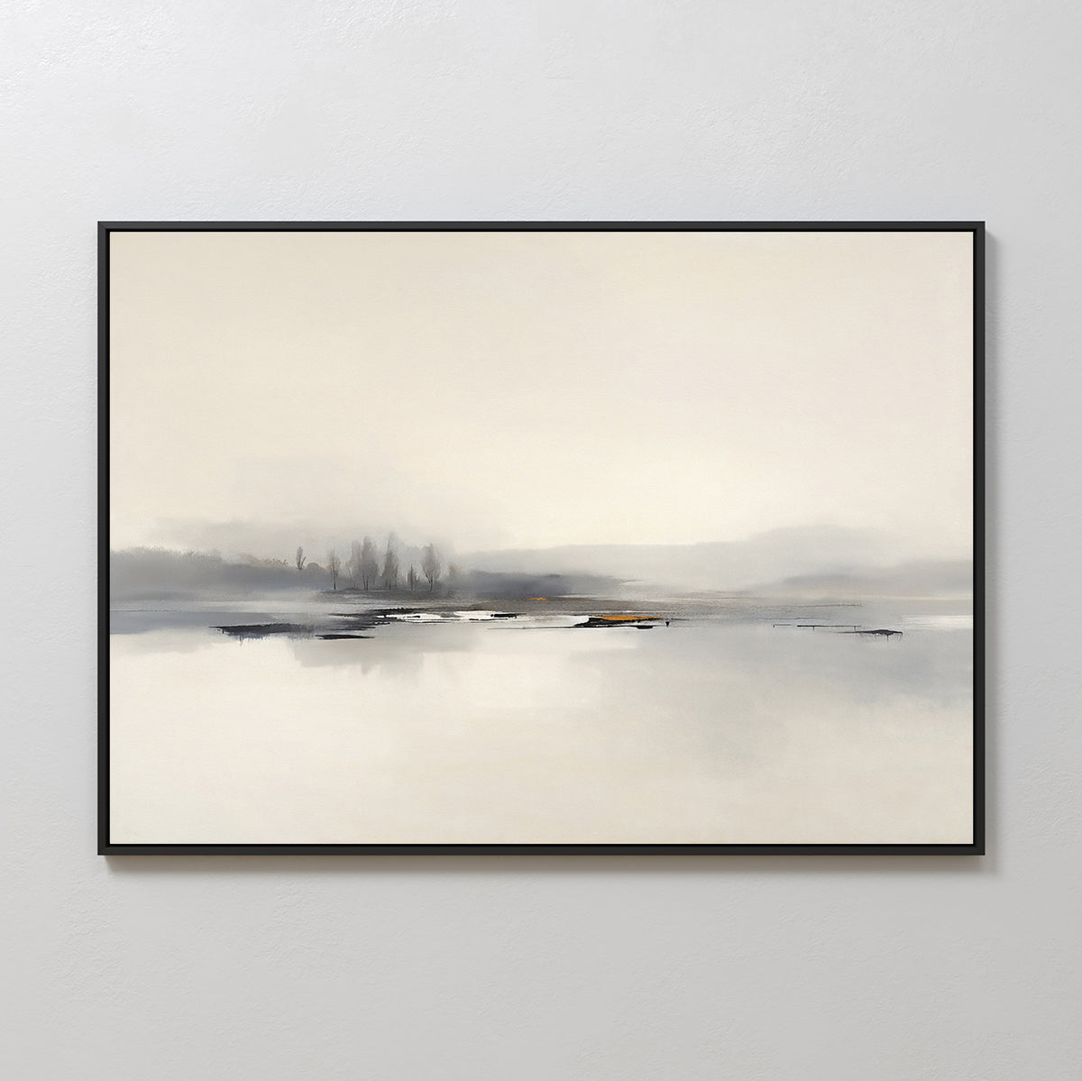 The "Peaceful Lake Morning Canvas Art - Horizontal" features a serene lakeside scene in soft neutrals with distant trees and calm, reflective water, framed in black and displayed on a light gray wall for a tranquil touch.