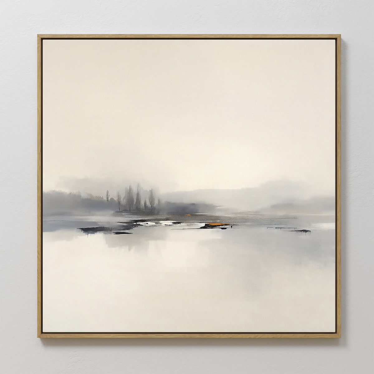 The Peaceful Lake Morning Canvas Art - Square features a calm, misty lake with distant trees in soft neutral tones, creating a serene landscape print that brings peaceful, minimalist beauty to any space.