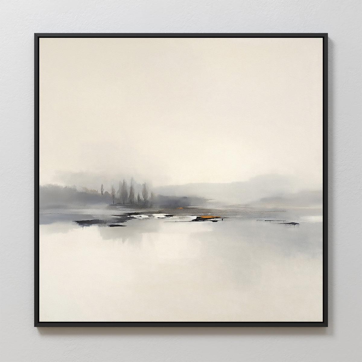 The Peaceful Lake Morning Canvas Art - Square features a minimalist misty landscape in soft gray and beige, with blurred treeline and calm water reflections, framed in thin black for a serene touch to any space.