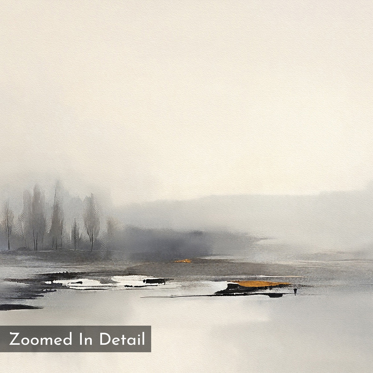 The "Peaceful Lake Morning Canvas Art - Square" showcases bare trees and reflective water in soft, misty hues. Muted grays and hints of orange evoke a peaceful mood. “Zoomed In Detail” appears in the bottom left corner.
