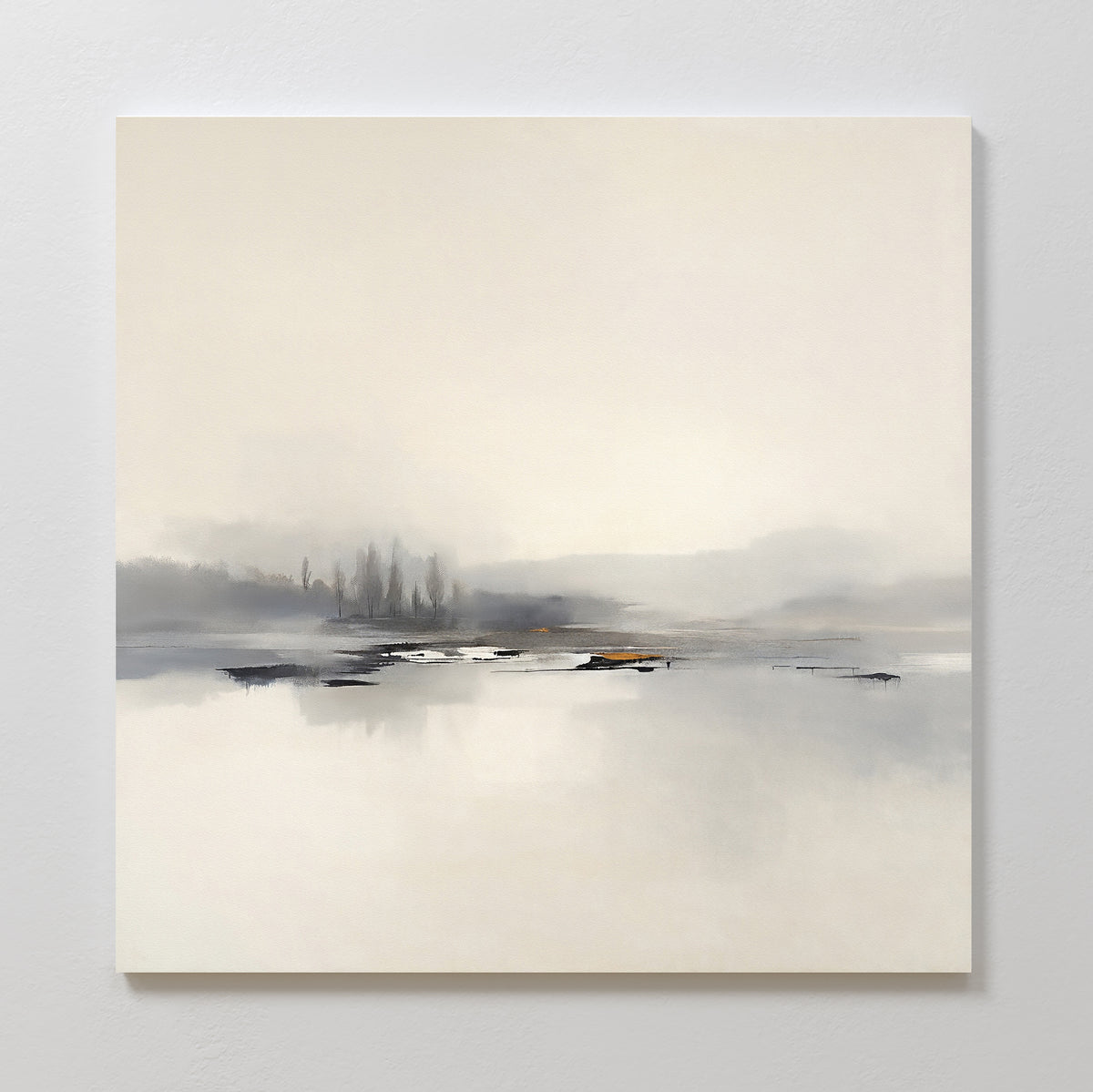 The Peaceful Lake Morning Canvas Art - Square showcases a minimalist, foggy lakeside scene in muted gray and beige tones with faint trees and calm waters, creating a tranquil atmosphere perfect for relaxation.