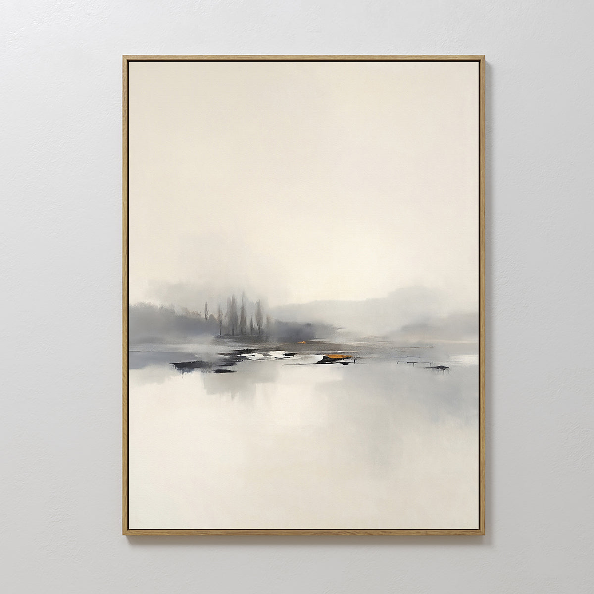 The Peaceful Lake Morning Canvas Art - Vertical showcases a serene landscape with soft, muted tones of faint trees and tranquil water, elegantly framed in thin gold on a light wall to create a peaceful atmosphere.