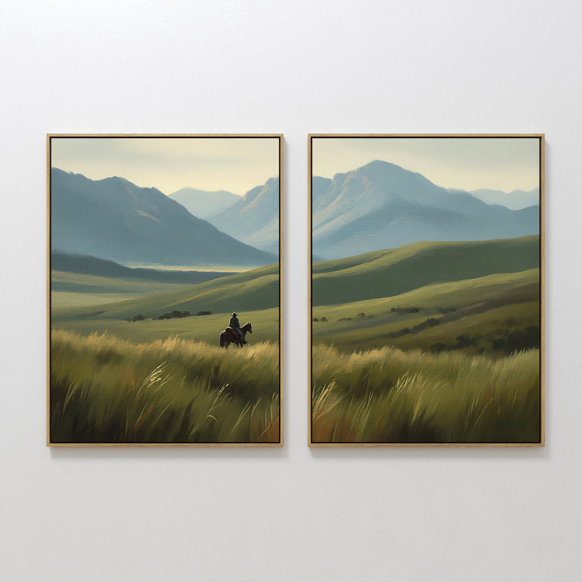 The Prairie Wanderer - Set of 2 features framed canvases: one shows rolling green hills and mountains with a horse rider, while the other depicts the same serene landscape without the rider.