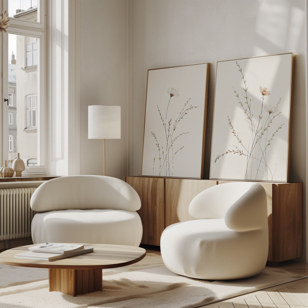 A bright, modern living room features the Prairie Whispers - Set of 2 white curved armchairs, a round wooden coffee table, a wooden sideboard, and stunning botanical wall art. Sunlight streams in, enhancing the serene Nordic Park vibe.