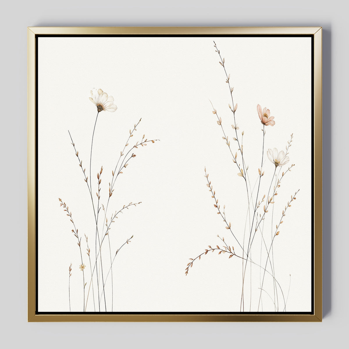 The Prairie Whispers Canvas Art - Square features minimalist botanical wall art in a gold frame, with delicate wildflowers and slender branches on a light background for an airy, refined look.