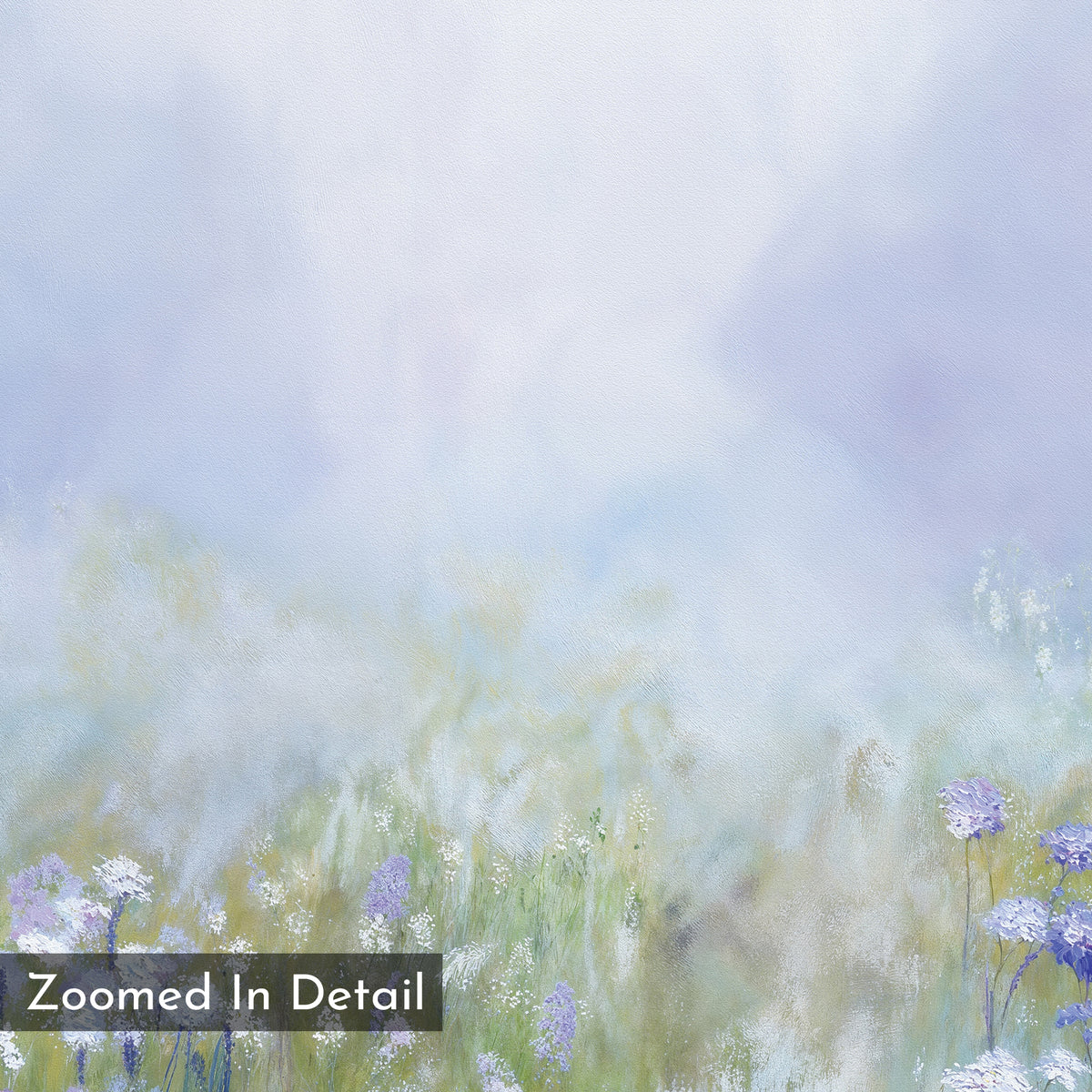 Purple Haze Canvas Art - Square features a pastel misty meadow with delicate purple and white wildflowers. Dreamy blues and purples evoke tranquility, ideal for bedroom decor. Text on art reads “Zoomed In Detail.”.