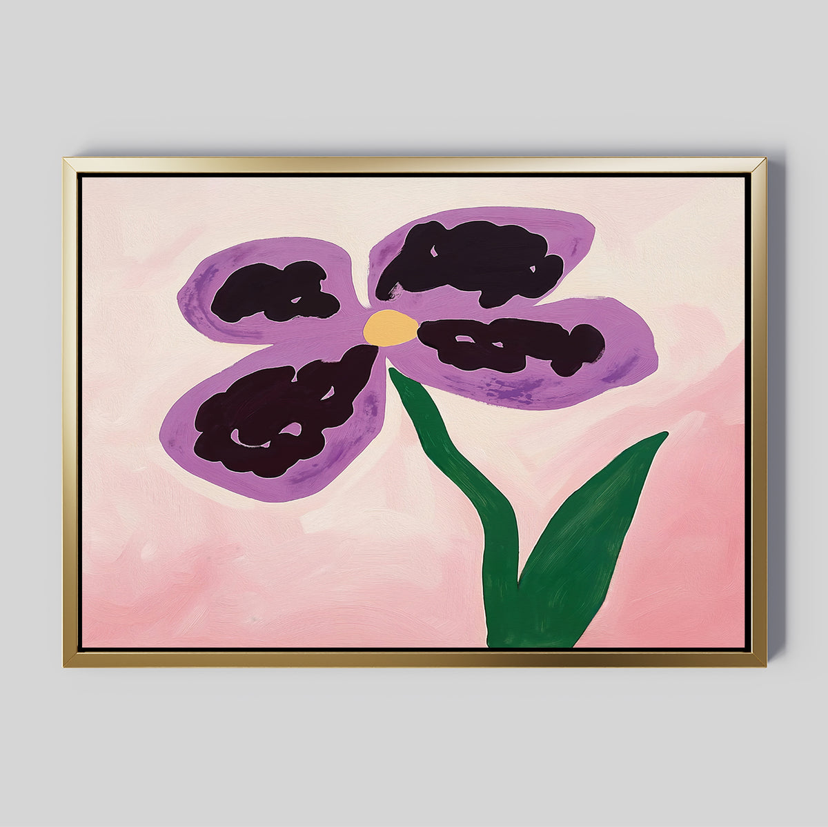 The Purple Pansy Canvas Art - Horizontal features a simple five-petal purple flower with a yellow center on a soft pink background, bringing Nordic Park charm to any room. Ideal as framed botanical wall art.