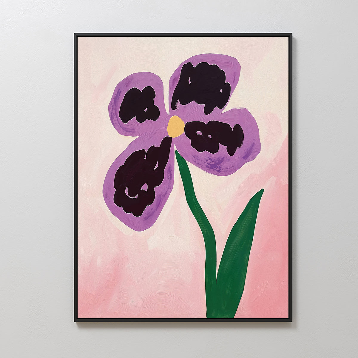 The Purple Pansy Canvas Art - Vertical features a framed botanical print with a simple, abstract flower: five purple petals, a yellow center, and green stem on a pink background in a playful, childlike style.