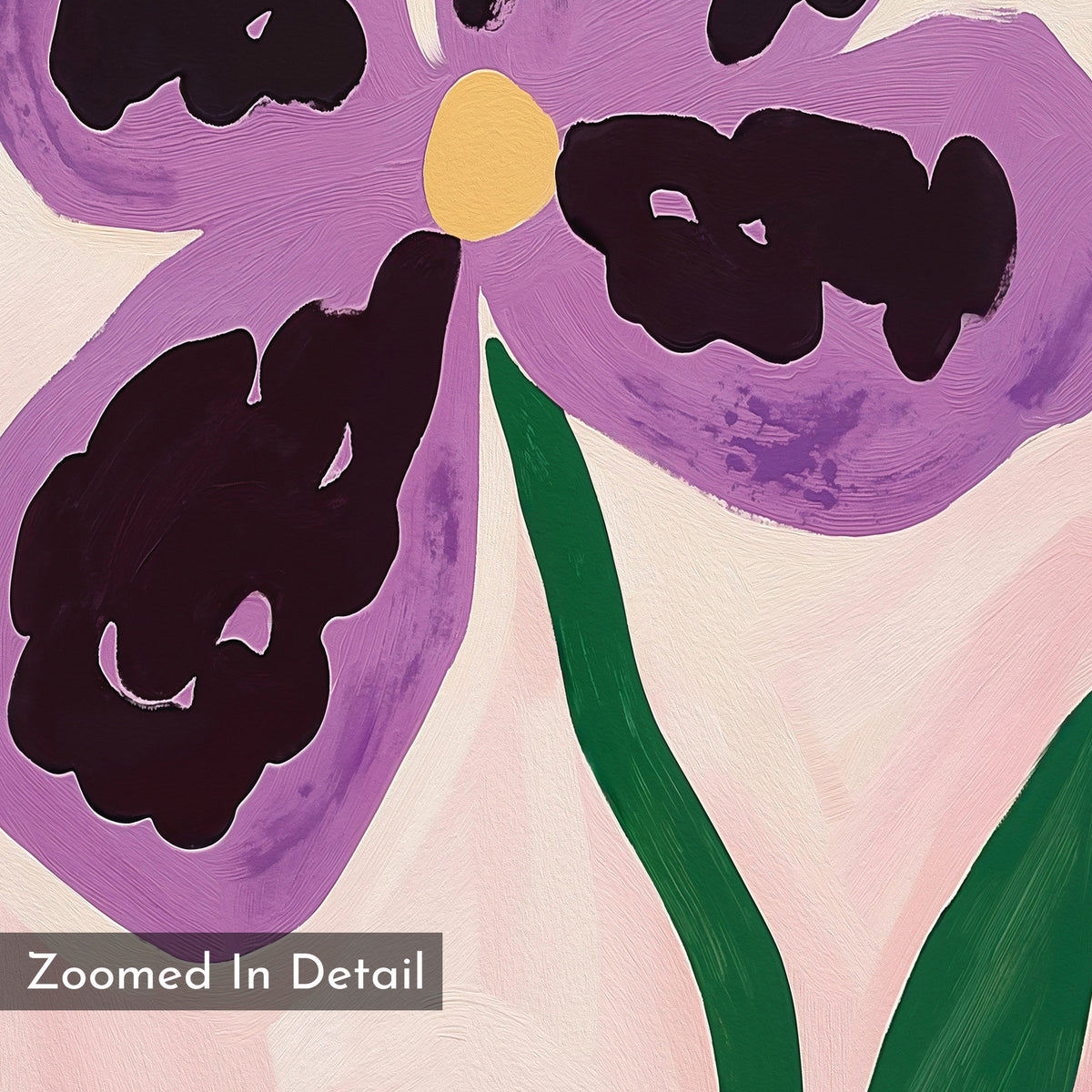 A close-up of the Purple Pansy Canvas Art - Vertical shows a vibrant pansy with dark purple spots, a yellow center, and green leaves on a pale pink background. "Zoomed In Detail" is displayed in the bottom left corner.
