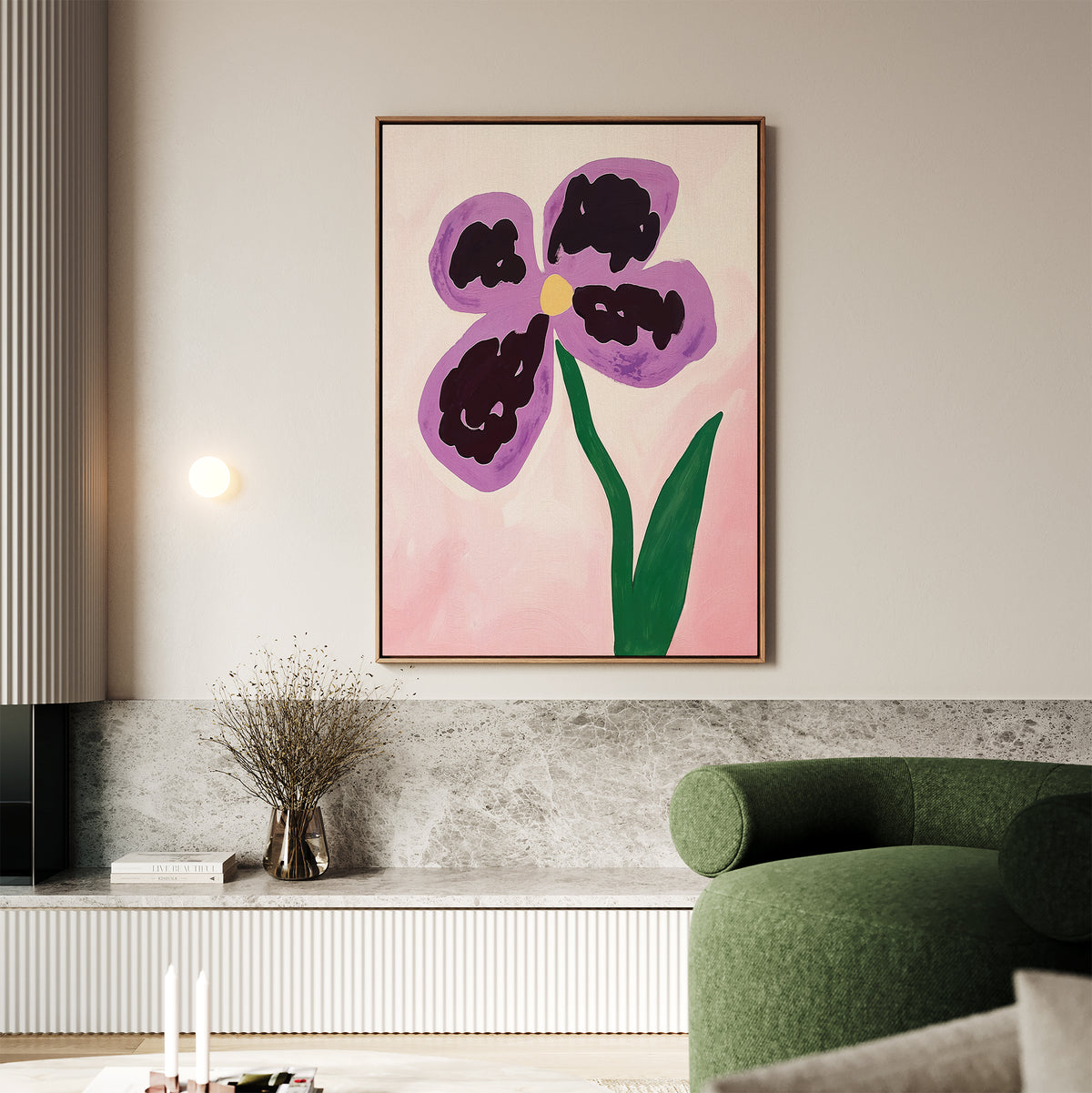 A modern living room showcases the Purple Pansy Canvas Art - Vertical above a marble shelf, paired with a green armchair and small vase, adding Nordic Park-inspired flair to the light wall.
