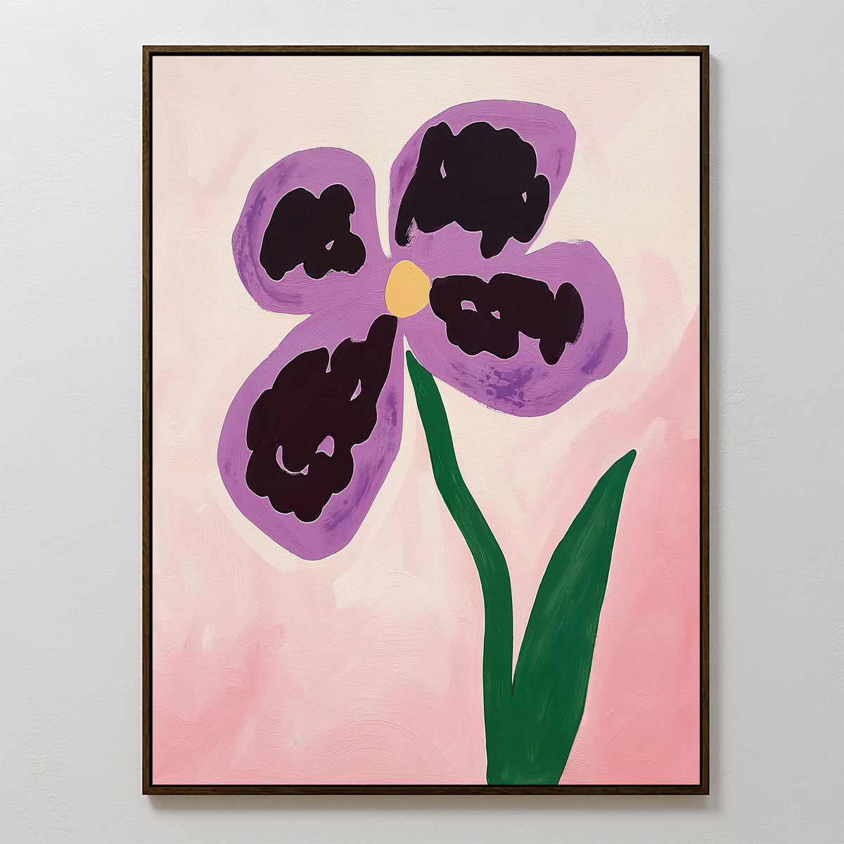 Add Nordic Park charm to your space with the Purple Pansy Canvas Art - Vertical, featuring a simple botanical design of a purple pansy with green stem and leaf on a soft pink background.