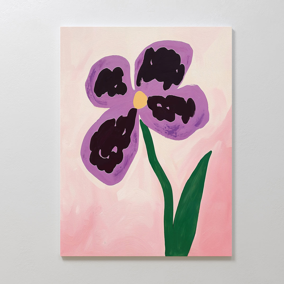 The Purple Pansy Canvas Art - Vertical features an abstract, childlike botanical print of a four-petaled purple pansy with a yellow center and green stem on a pink background, created with bold, uneven brushstrokes.