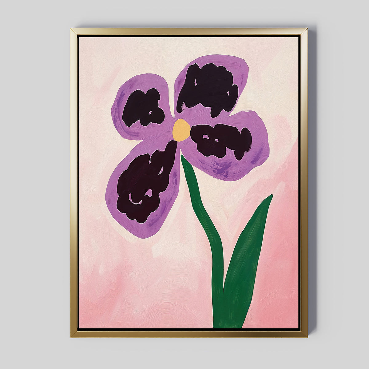 The Purple Pansy Canvas Art - Vertical features a playful abstract pansy with five purple petals, a yellow center, and green stem on a soft pink background, capturing the charm of Nordic Park style.