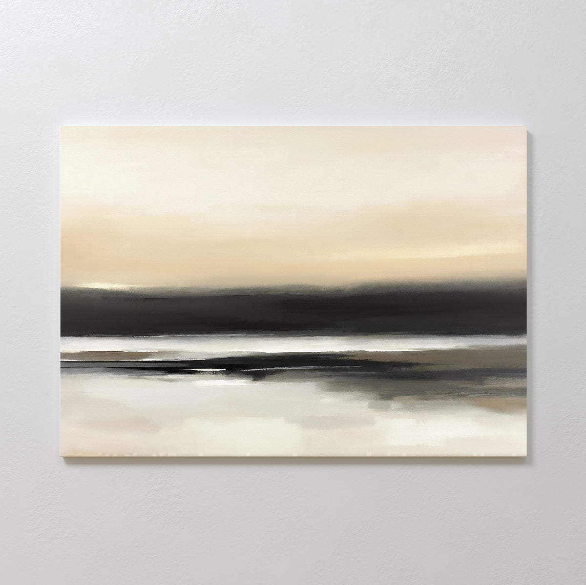 The Quiet Shoreline Canvas Art - Horizontal features serene beige, cream, brown, and black bands with soft, blended edges, creating a misty coastal look—ideal minimalist wall art for a calm and sophisticated space.