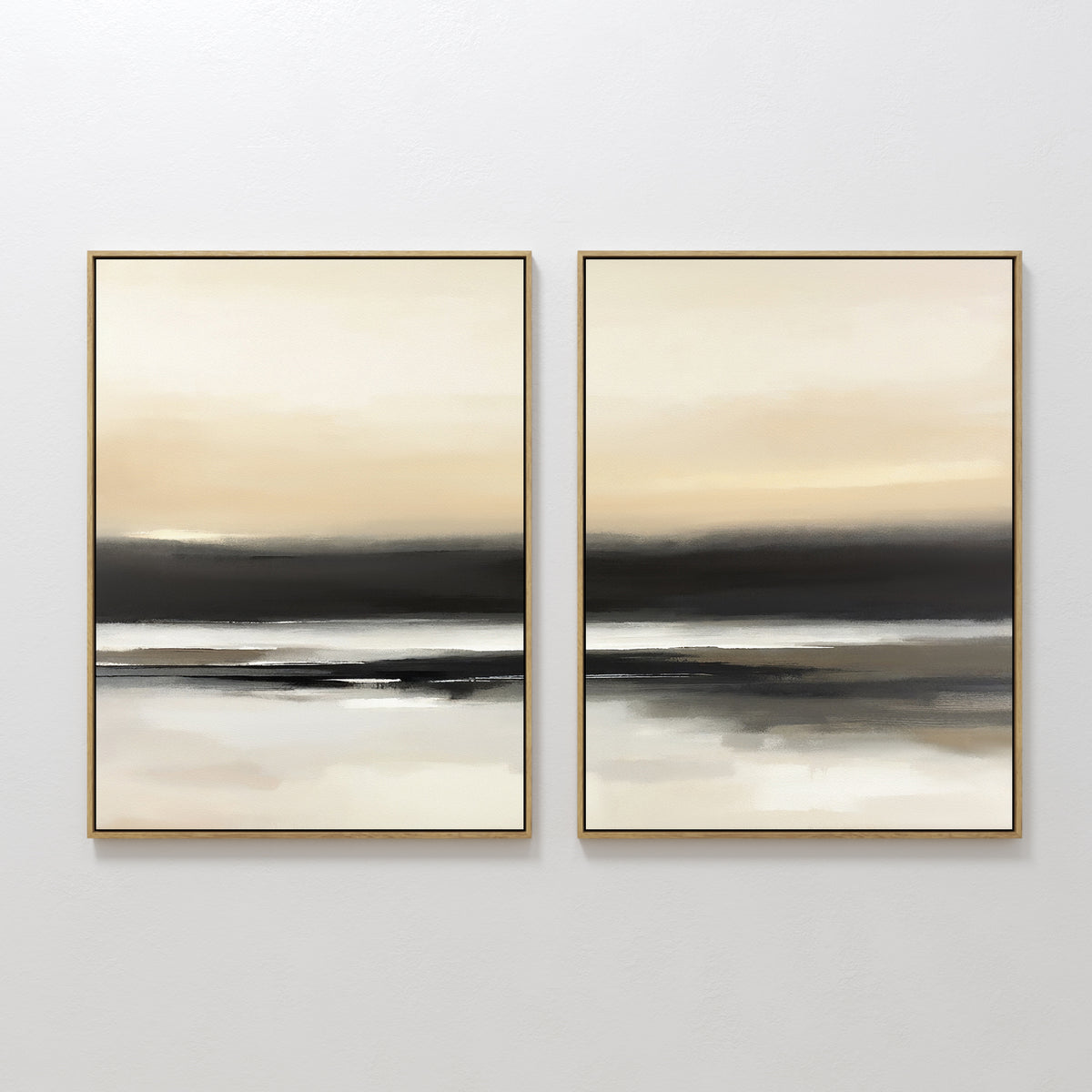 The Quiet Shoreline - Set Of 2 features framed abstract coastal wall art with soft, blurred bands of beige, cream, black, and gray. Displayed together, they evoke a serene seascape and add minimalist elegance to any space.
