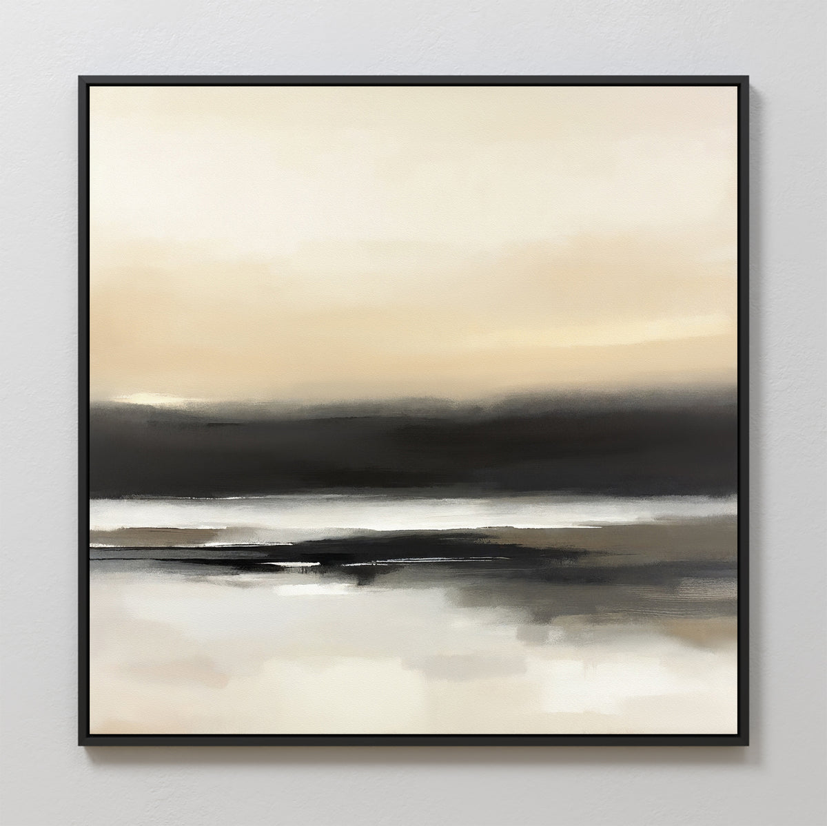 The Quiet Shoreline Canvas Art - Square showcases soft beige, cream, and black hues in blurred horizontal layers, evoking a misty seascape. Framed with a slim black border, it's ideal abstract wall art for minimalist decor.