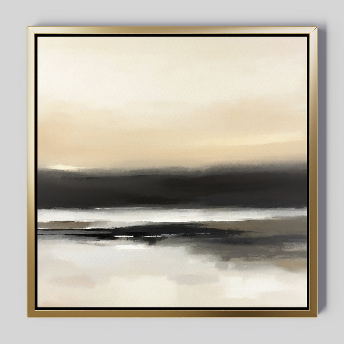 Quiet Shoreline Canvas Art - Square: A framed abstract piece with soft beige, black, and gray tones, evoking calm water and a misty landscape—perfect for minimalist decor.