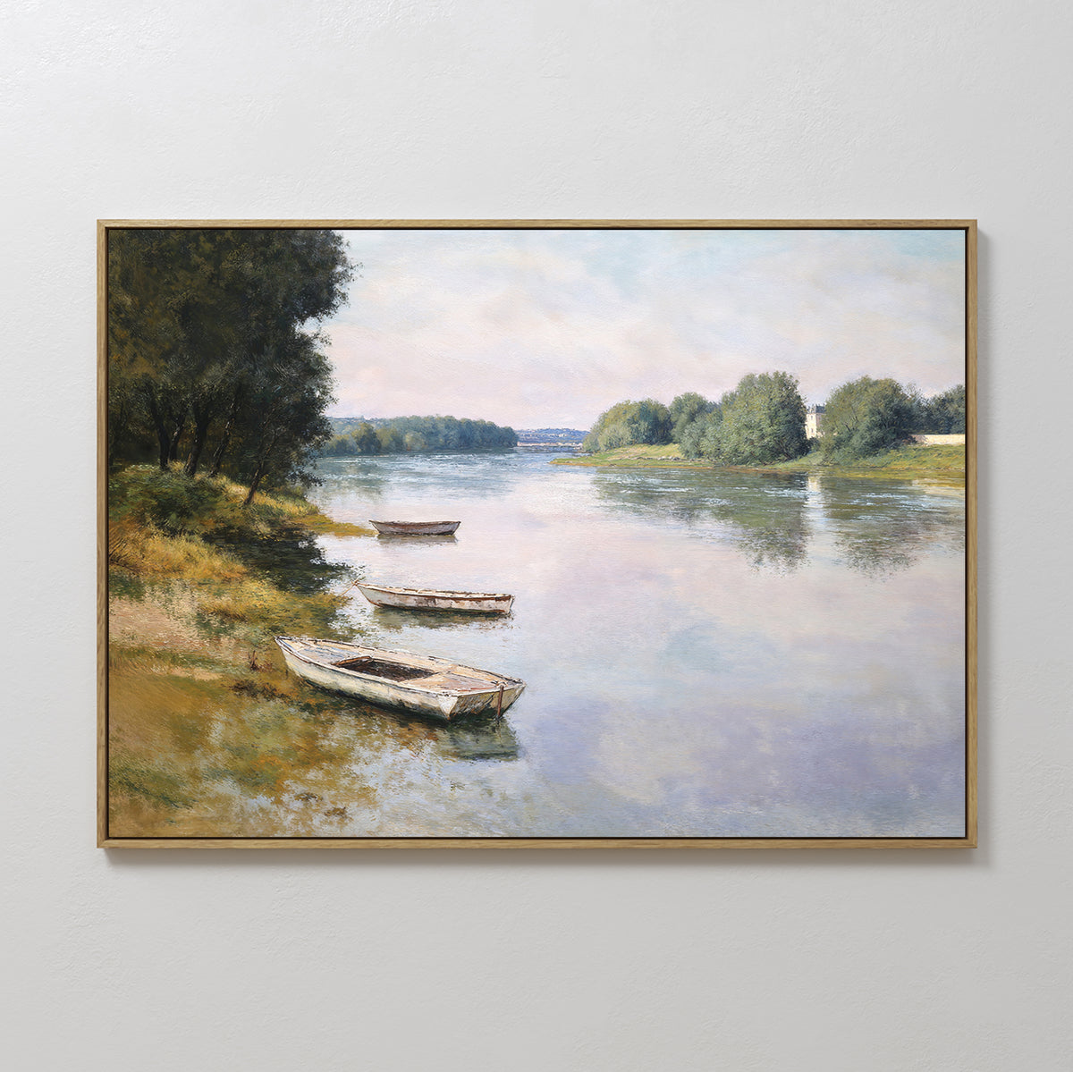 River Tranquil Canvas Art - Horizontal features a framed print of a calm river with four rowboats near the shore and green trees under a partly cloudy sky, adding serene natural beauty to any space.