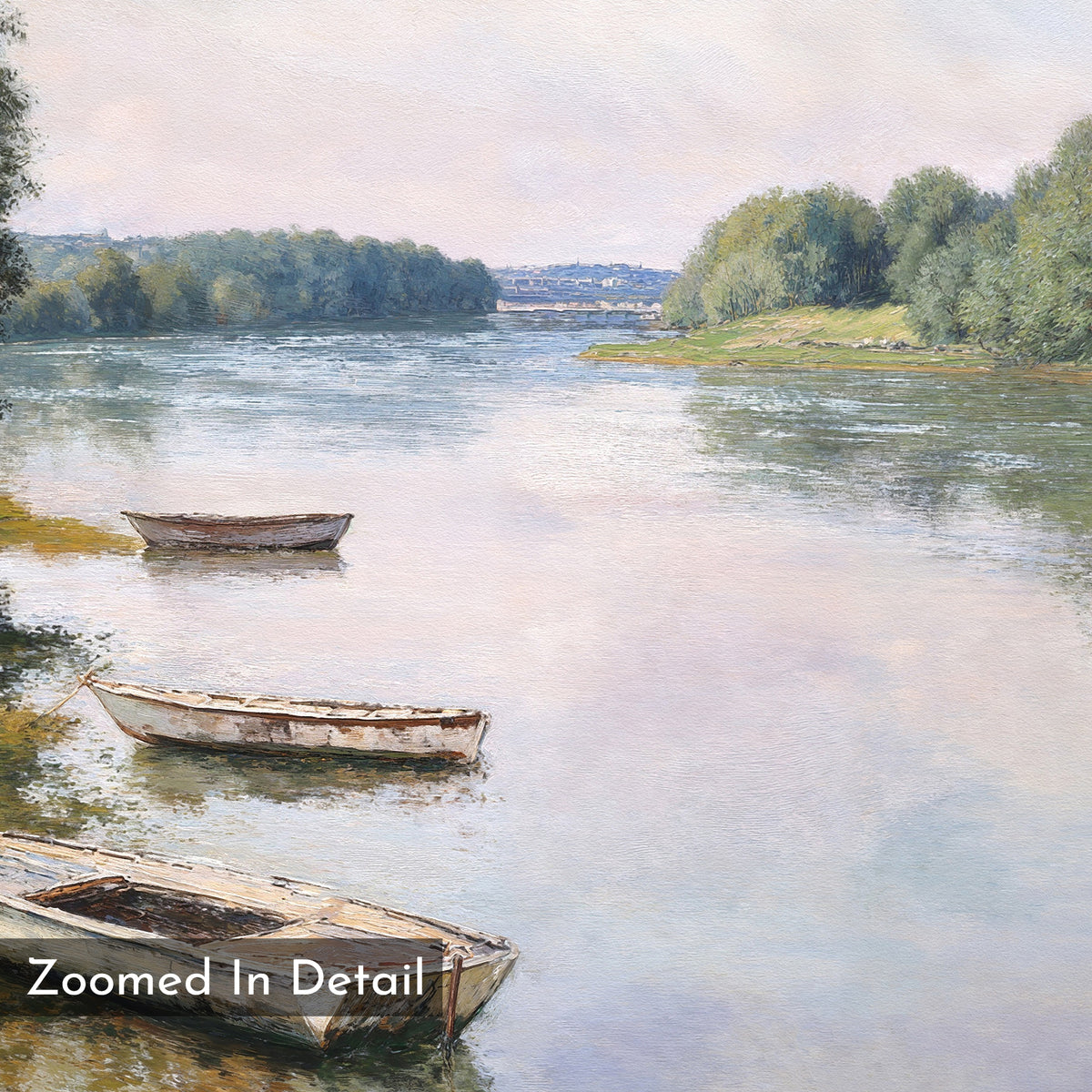 Three small wooden rowboats rest by a calm riverbank in Nordic Park, surrounded by lush greenery and distant buildings under a hazy sky. “Zoomed In Detail”—River Tranquil Canvas Art - Horizontal, perfect serene wall decor.