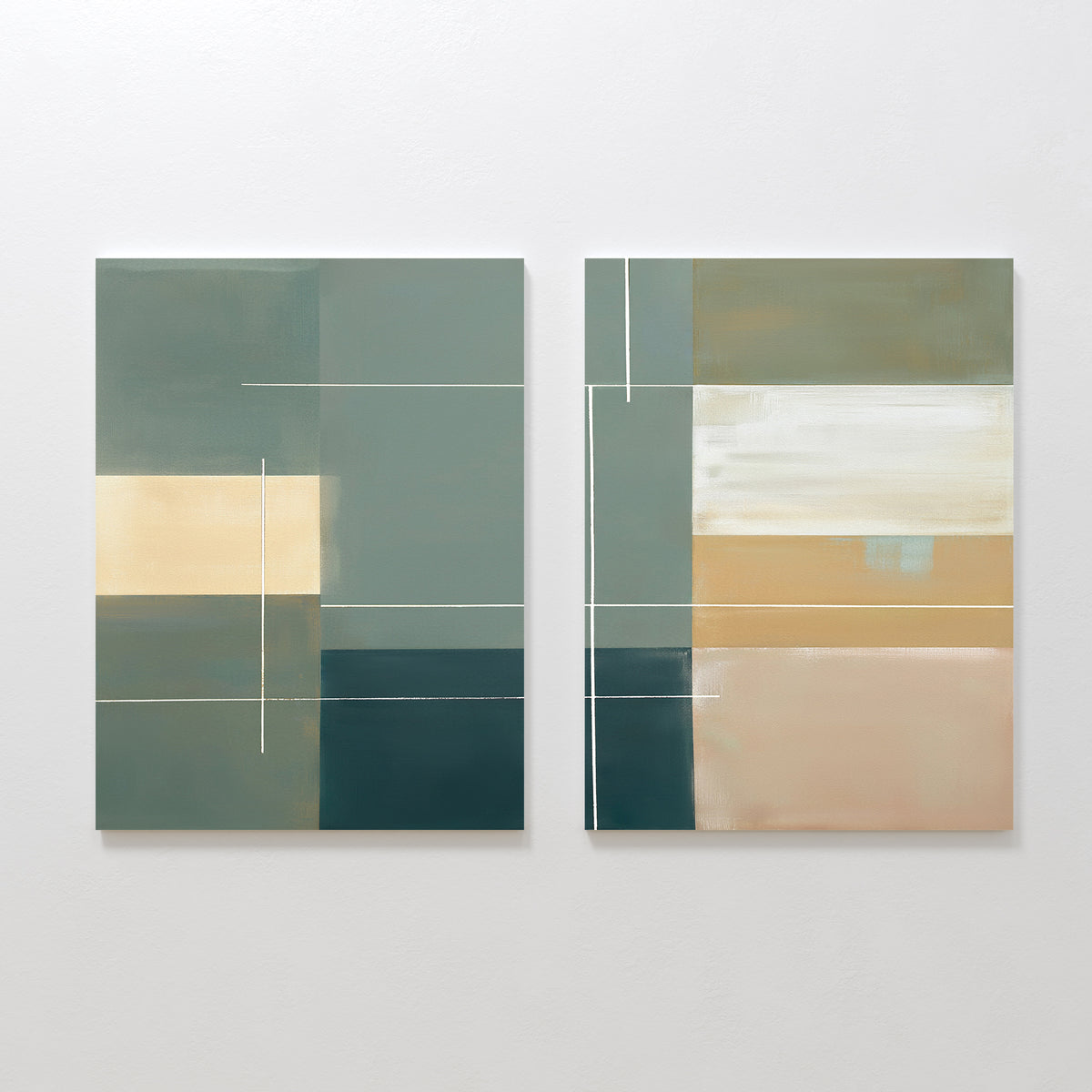 Sage Compartments - Set Of 2 features abstract geometric shapes in muted green, beige, cream, and blue with thin white lines, displayed side by side—ideal modern wall art for a contemporary space.