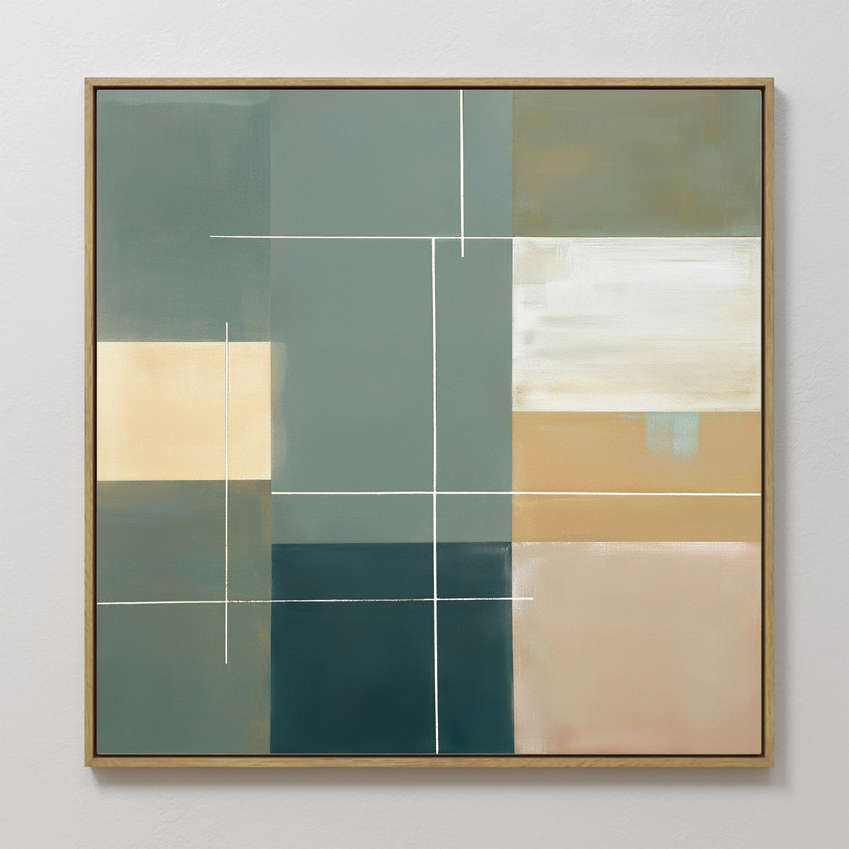 Sage Compartments Canvas Art - Square features overlapping rectangles in muted green, beige, cream, and blue, intersected by thin white lines for a modern geometric look. Framed in a simple wooden frame.