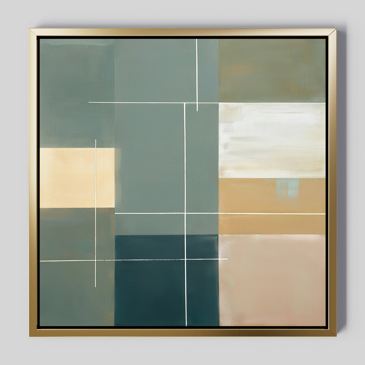 The Sage Compartments Canvas Art - Square features overlapping rectangles in muted green, beige, and blue with thin white lines, set against a light gray background and framed in gold. Ideal as modern sage green wall art for contemporary spaces.