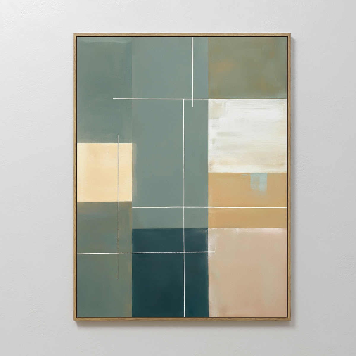 The Sage Compartments Canvas Art - Vertical features rectangular and square forms in muted green, cream, and taupe with thin intersecting white and beige lines, set in a simple wooden frame for modern appeal.