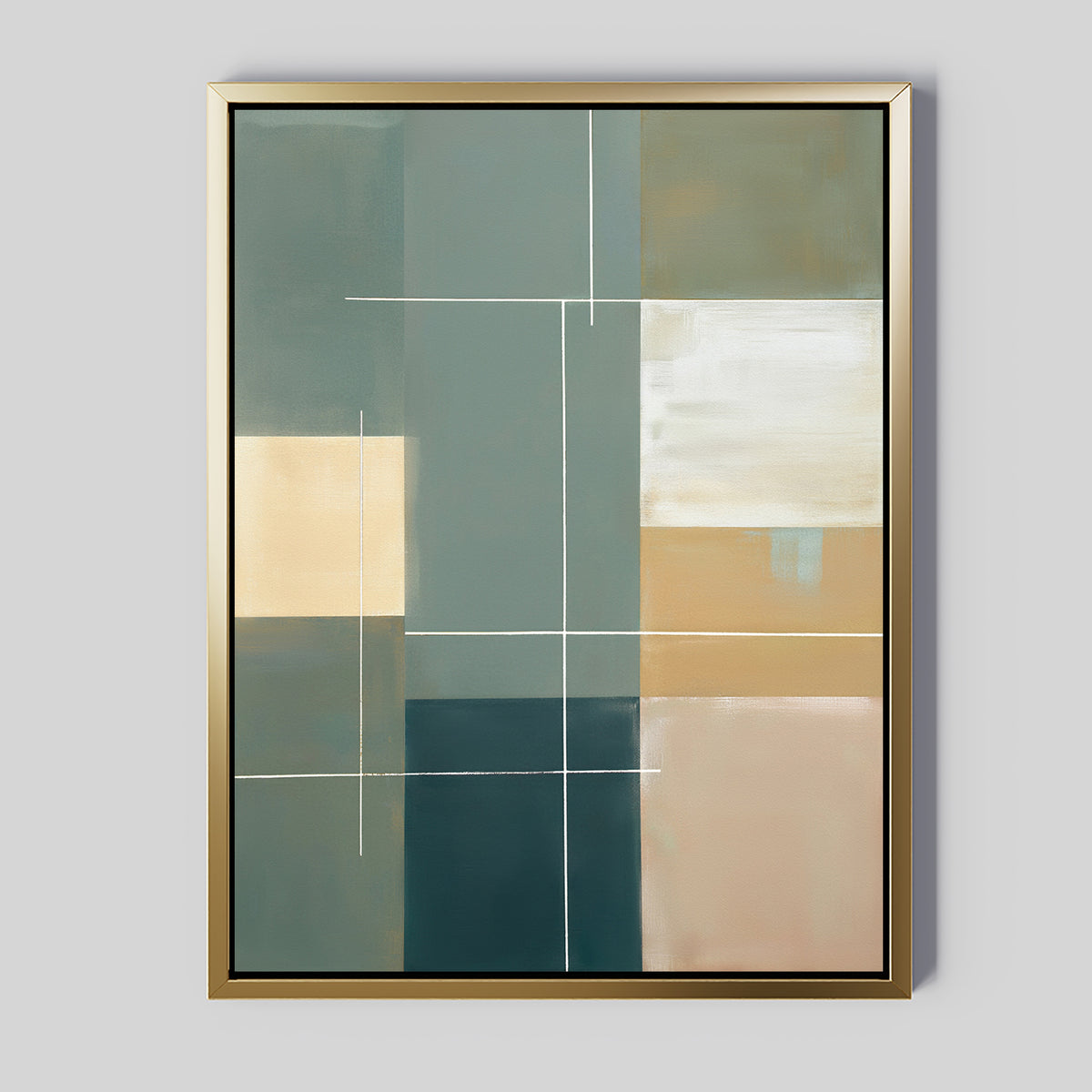 The Sage Compartments Canvas Art - Vertical features geometric blocks in muted green, beige, white, and dark blue with thin white lines on a light gray background—an ideal modern wall art piece for any space.