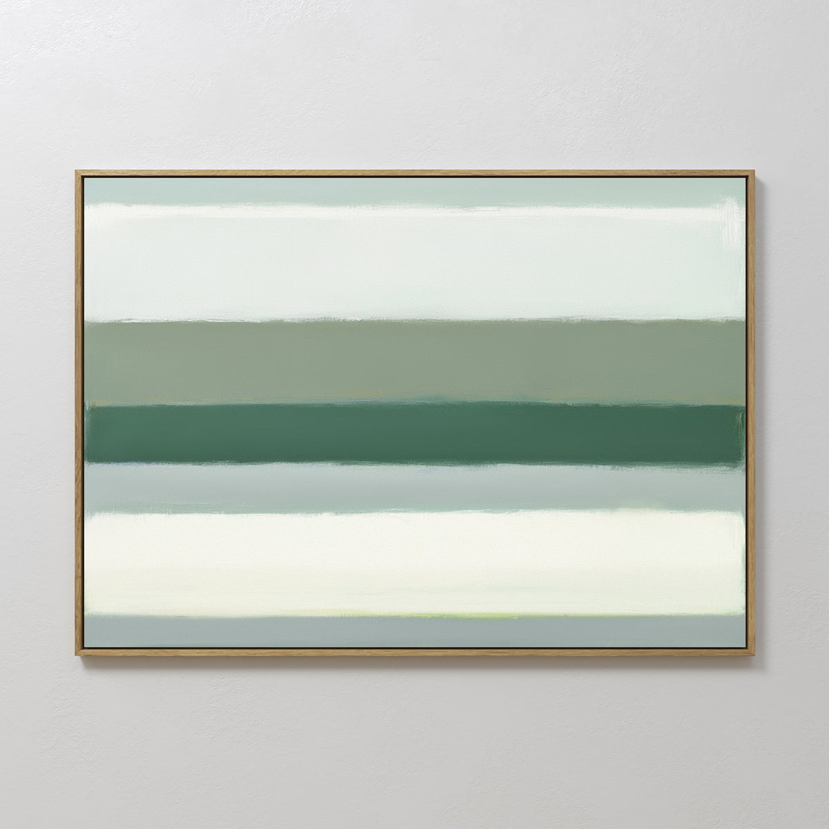 The Sage Gradient Canvas Art - Horizontal features soft green, teal, and white bands blended in a soothing sage gradient, displayed on a plain light-colored wall.