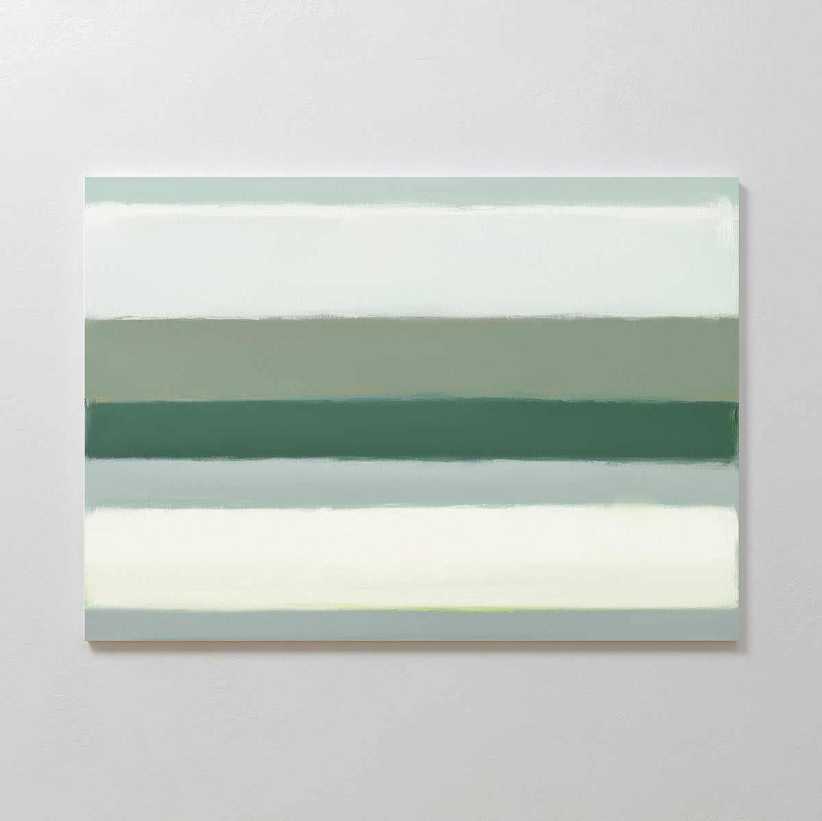 The Sage Gradient Canvas Art - Horizontal features soft, blended horizontal bands of muted green, gray, and off-white, creating a calm and serene minimalist look for your wall.