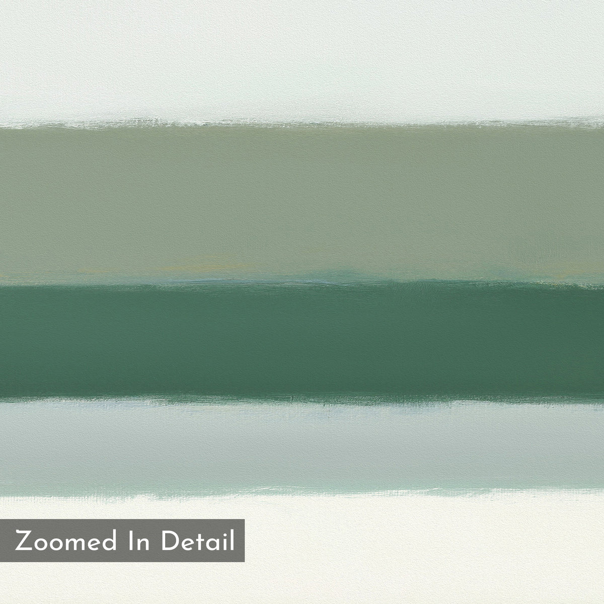 The Sage Gradient Canvas Art - Horizontal features horizontal bands in muted green, gray, and off-white with blended edges for a calm mood. A gray box in the lower left reads "Zoomed In Detail." Nordic Park artwork vibes are present.