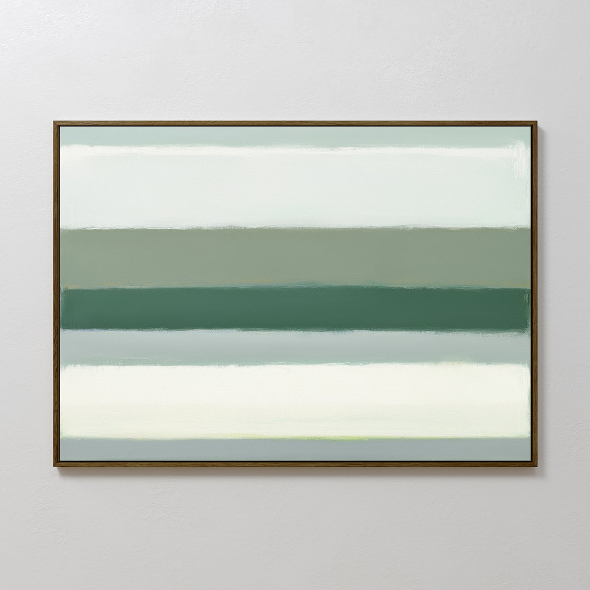 The Sage Gradient Canvas Art - Horizontal features horizontal bands in white, light gray, sage green, and teal, creating a soothing gradient effect on a textured, light-colored wall.