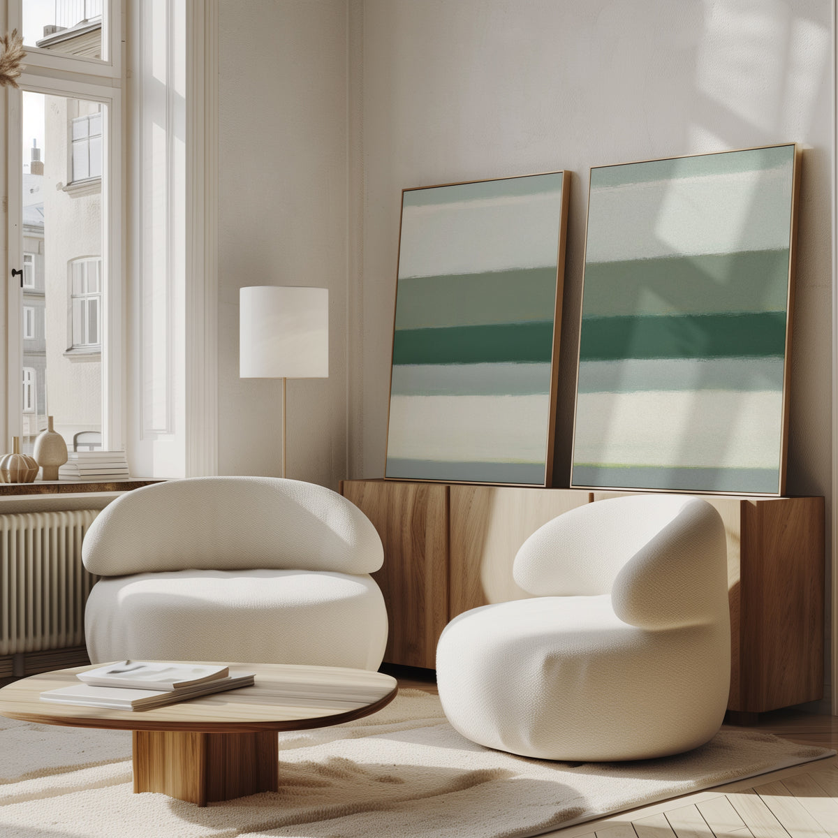A modern living room with two white, rounded chairs, a wooden coffee table, a floor lamp, and the Sage Gradient - Set Of 2 abstract prints on a wooden sideboard by a large window.
