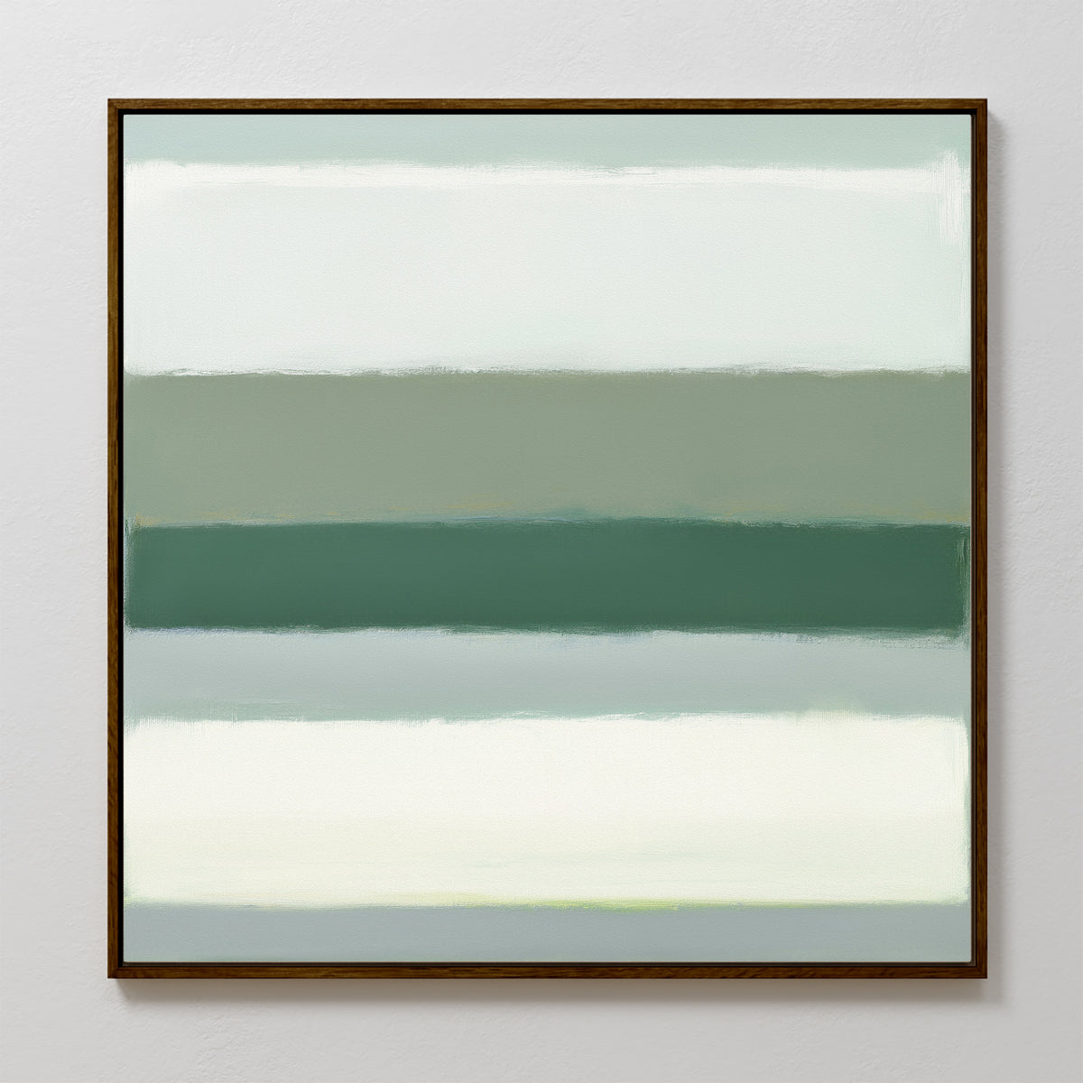 The Sage Gradient Canvas Art - Square features calming horizontal bands of muted green, teal, and white with soft blended edges on a neutral background, evoking a serene Nordic style.
