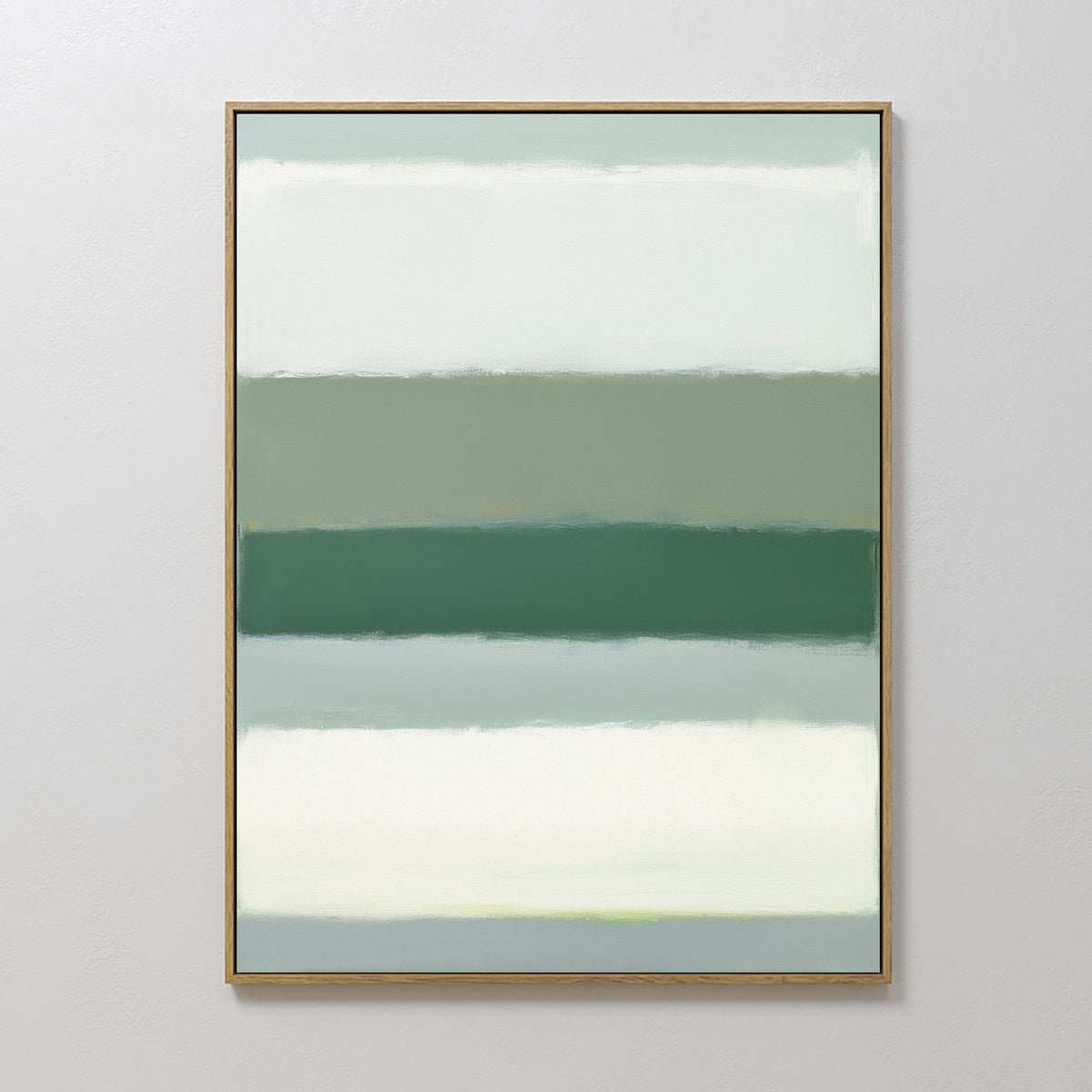 The Sage Gradient Canvas Art - Vertical features soft, blurred horizontal bands in green and white with a thin gold frame—ideal as calming abstract wall art or sage green decor for light-colored spaces.