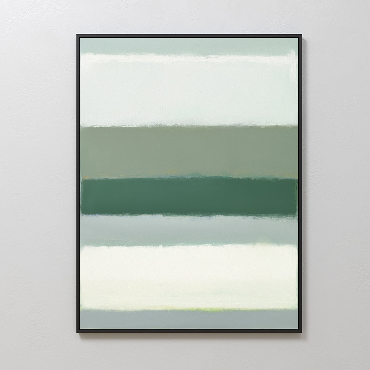 The Sage Gradient Canvas Art - Vertical features soft, blended bands of white, gray, and sage green for a calming, minimalist feel. This serene abstract print adds a peaceful touch to any plain light-colored wall.