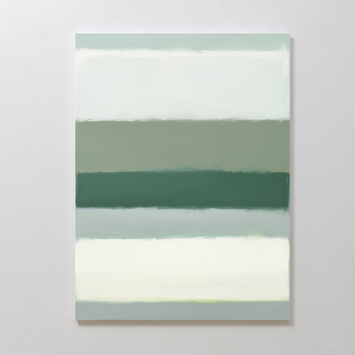 The Sage Gradient Canvas Art - Vertical features softly blended bands of pale green, mint, sage, and off-white—a serene abstract print perfect for adding calm to your space.