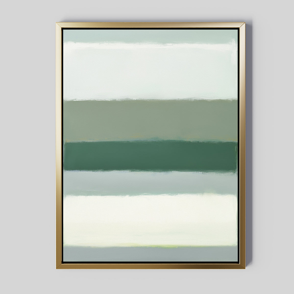 The Sage Gradient Canvas Art - Vertical features calming horizontal bands in sage green, gray, and white with softly blended edges, set in a metallic gold frame for a tranquil touch to any space.