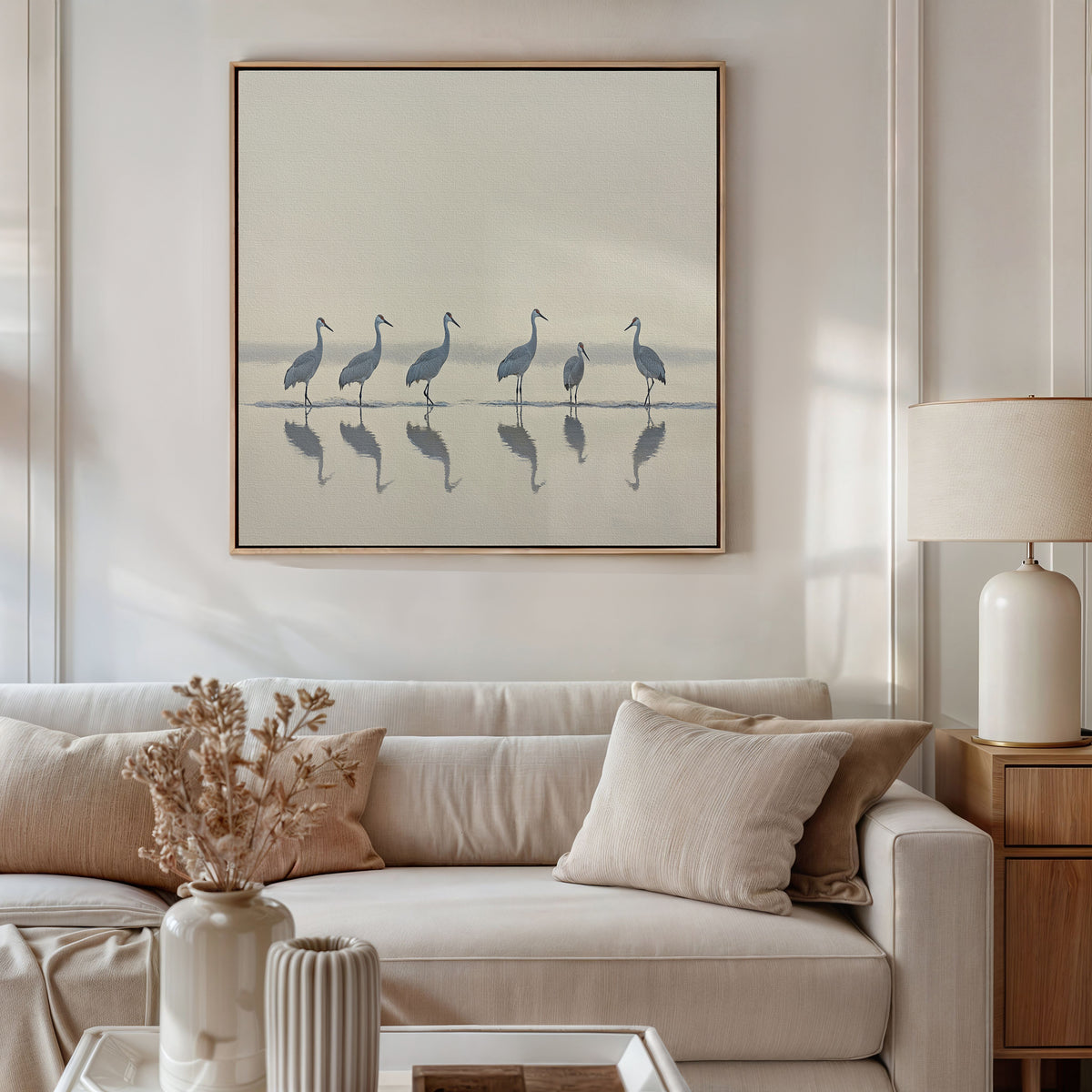 A modern living room features a white sofa with beige pillows, a wooden side table and lamp, and the Sandhill Procession Canvas Art - Square above the sofa, showing six herons in shallow water. Dried flowers sit in a vase on the coffee table.