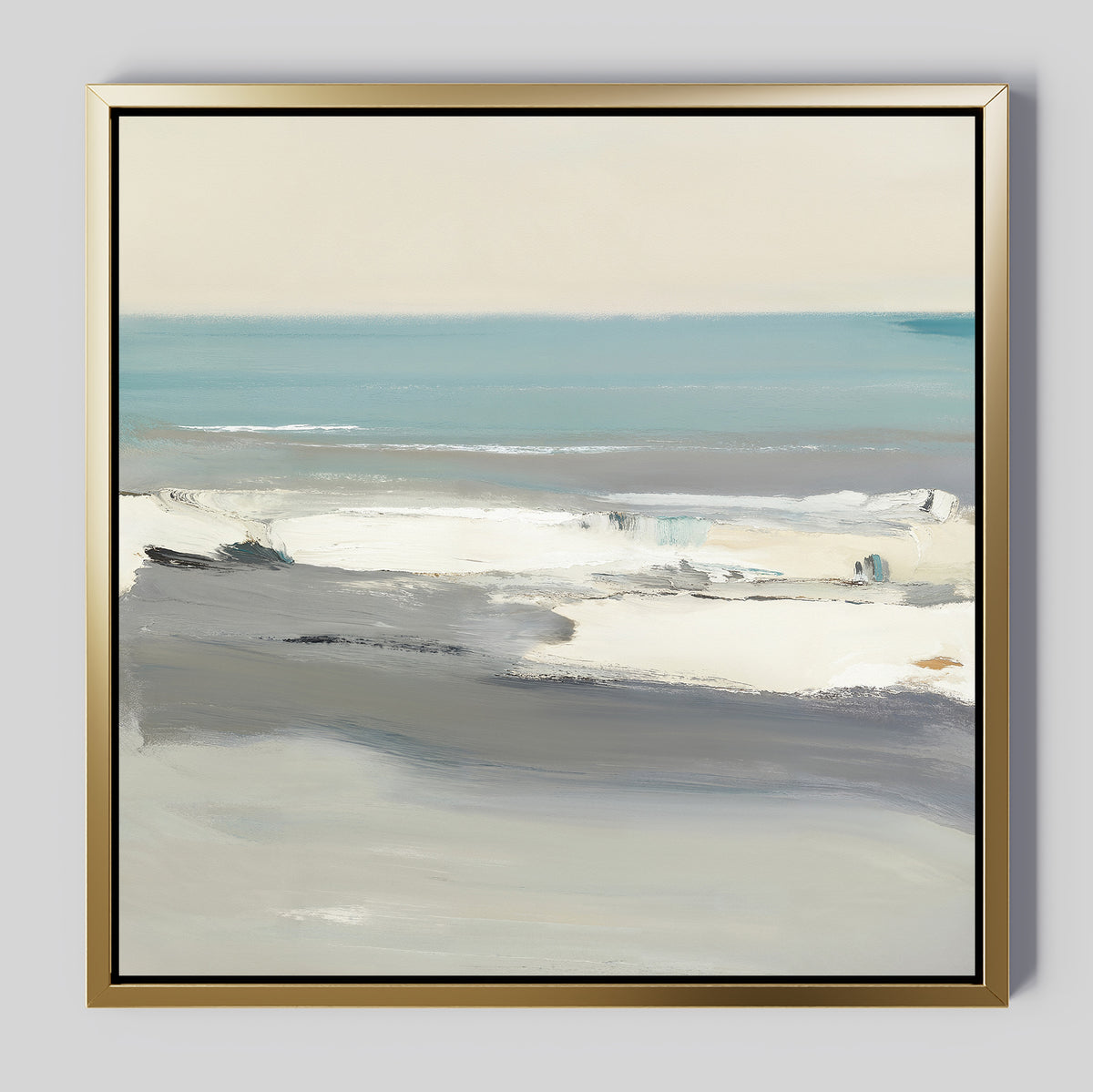 The Sandy Retreat Canvas Art - Square features an abstract seascape in soft blue and white tones with gentle waves and a calm sky. Framed in gold, this tranquil coastal print adds a serene touch to any room's décor.